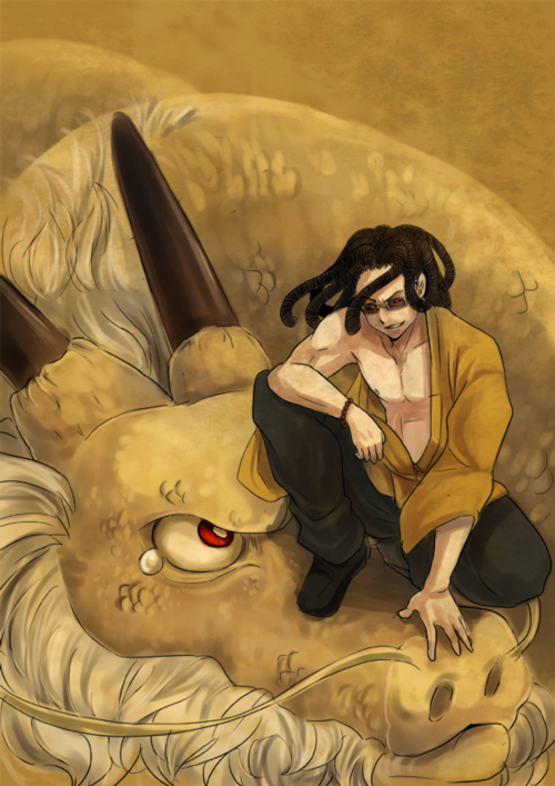 brown_hair, dragon, eastern_dragon, eyeshield_21, grin, hairlocs, horns, kongo_agon, muscle, open_clothes, open_shirt, red_eyes, shinope, sitting, sitting_on_face, sitting_on_person, smile, sunglasses, tears, teeth