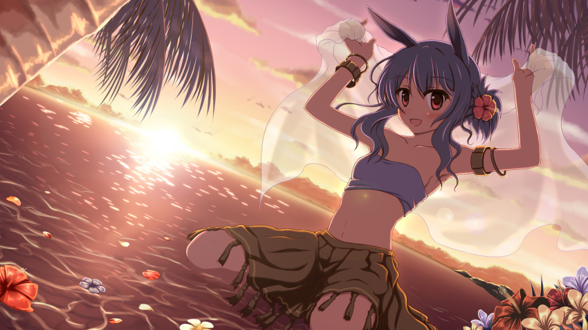 :d, animal_ears, arm_strap, bangle, blue_hair, blush, bracelet, dj_max_portable