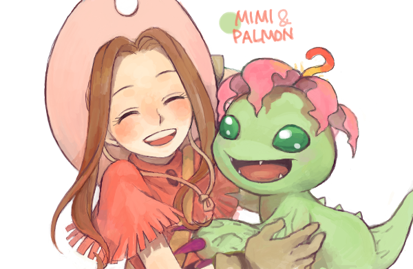 ayame_(artist), blush, brown_hair, character_name, claws, closed_eyes, cowboy_hat, digimon