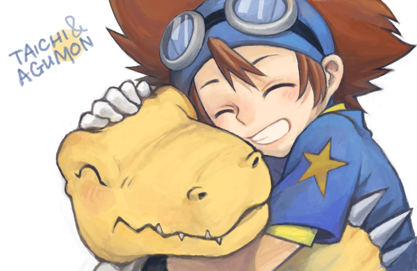 agumon, ayame_(artist), blush, brown_hair, character_name, child, claws, closed_eyes