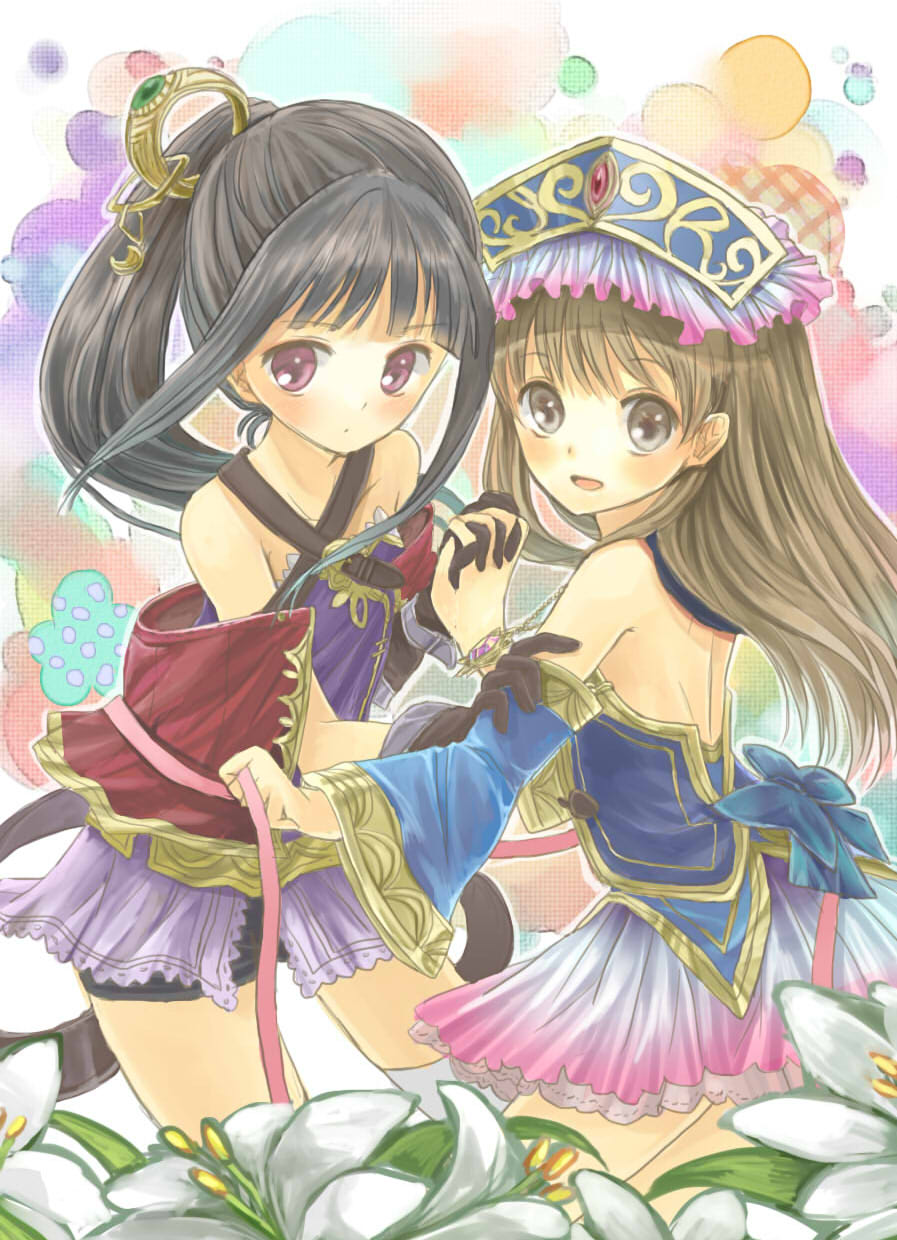 atelier_(series), atelier_meruru, atelier_totori, bare_shoulders, black_hair, brown_eyes, brown_hair, detached_sleeves