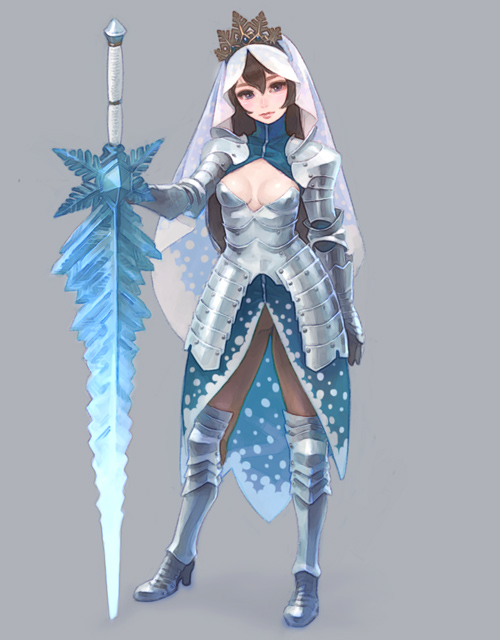 armor, blue_eyes, breasts, brown_hair, brown_legwear, cleavage, cleavage_cutout, gauntlets, greaves, lipstick, makeup, original, pantyhose, rouge_(makeup), simple_background, snow_white, solo, sword, veil, viel, weapon, weno