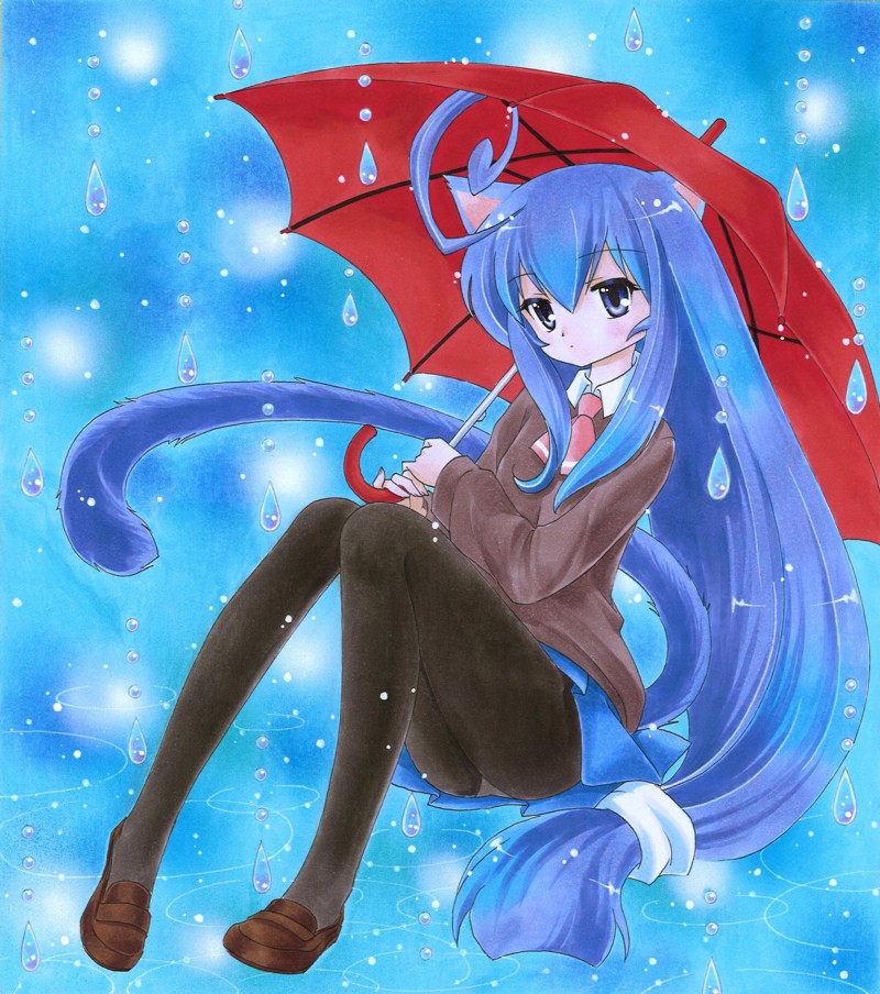 acchi_kocchi, ahoge, airbrush_(medium), animal_ears, black_legwear, blue_eyes, blue_hair, cat_ears, cat_tail, light_particles, loafers, long_hair, low-tied_long_hair, marker_(medium), miniwa_tsumiki, panties, panties_under_pantyhose, pantyhose, pastel_(medium), rain, ripples, shoes, sitting, solo, tail, tegaki_no_yuu, traditional_media, umbrella, underwear, very_long_hair, water_drop