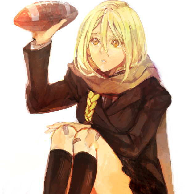 bandaid, black_legwear, blonde_hair, braid, eyeshield_21, football_(item), football_(object), goshi, kneehighs, koizumi_karin, lipstick, long_hair, makeup, scarf, school_uniform, sitting, skirt, solo, yellow_eyes