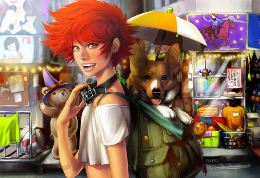 1girl, androgynous, backpack, bag, bandaid, cowboy_bebop, dog, edward_wong_hau_pepelu_tivrusky_iv