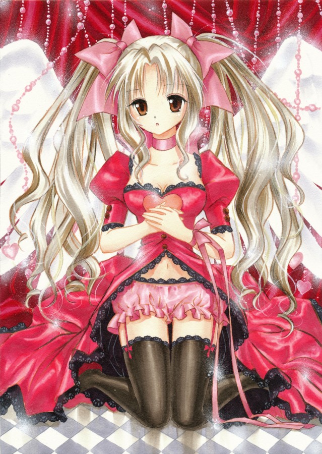 angel, angel_wings, bead_curtain, black_legwear, blonde_hair, bloomers, bow, brown_eyes, checkered, checkered_floor, choker, curtains, garter_straps, hair_bow, heart, kneeling, lace, lace-trimmed_thighhighs, marker_(medium), navel, original, tegaki_no_yuu, thigh-highs, thigh_gap, thighhighs, thighs, traditional_media, twintails, valentine, wings