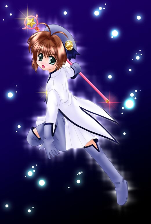 brown_hair, card_captor_sakura, cardcaptor_sakura, child, gloves, kinomoto_sakura, light_particles, magic, magical_girl, mutsuki_mikatsu, thigh-highs, thigh_boots, thighhighs, wand