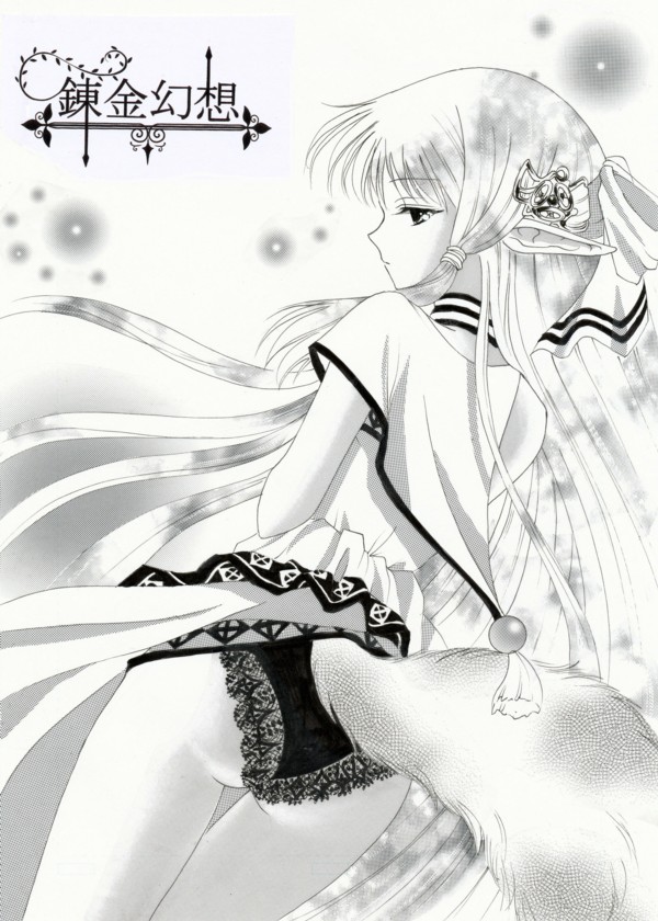 black_panties, dutch_angle, from_behind, hair_ornament, lace-trimmed_panties, millipen_(medium), monochrome, olha