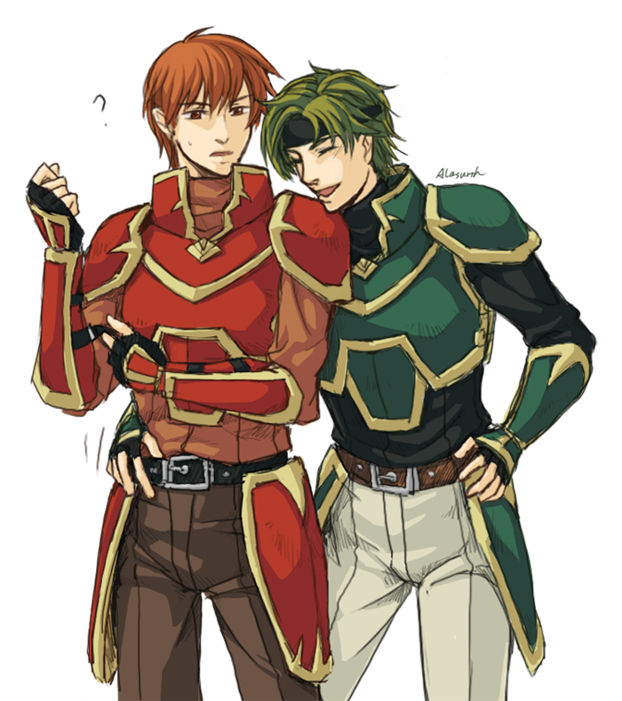 ?, armor, belt, cavalier, fingerless_gloves, fire_emblem, fire_emblem:_rekka_no_ken, gloves, green_armor, green_hair, headband, kent_(fire_emblem), knight, laughing, male, glassesmido, multiple_boys, red_armor, red_hair, redhead, sain, sain_(fire_emblem)