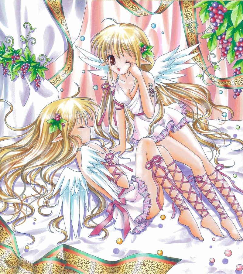 angel_wings, blonde_hair, brown_eyes, cross-laced_clothes, curtains, food, fruit, grapes, hair_ornament, long_hair, marker_(medium), mini_wings, original, pastel_(medium), pointy_ears, ribbon, siblings, sleeping, small_wings, tegaki_no_yuu, traditional_media, twins, very_long_hair, waking_up, wings, wink