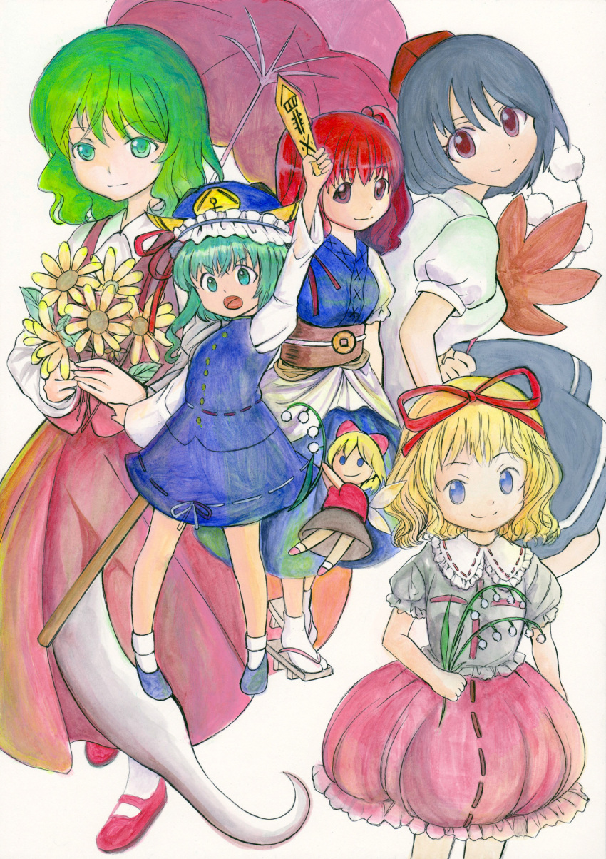 acrylic_paint_(medium), arm_up, belt, black_hair, blonde_hair, blouse, blue_eyes, bobby_socks