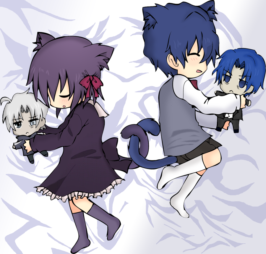 3boys, age_difference, ahoge, animal_ears, bed_sheet, blue_hair, blush, bowtie