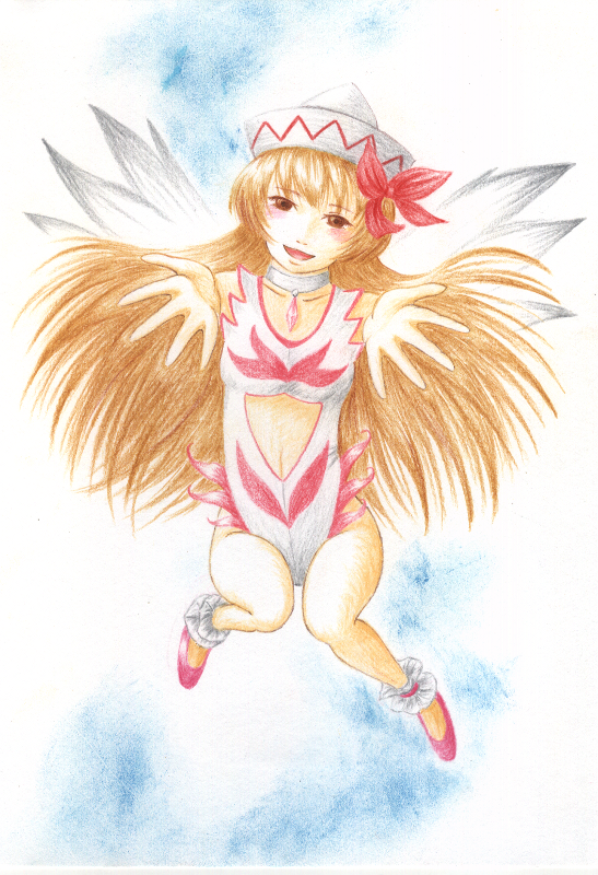 alternate_costume, angel_leotard, ankle_cuffs, brown_eyes, brown_hair, choker, colored_pencil_(medium), foreshortening
