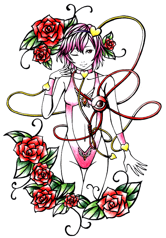 angel_leotard, ballpoint_pen_(medium), brown_eyes, choker, flower, hairband, komeiji_satori, leotard