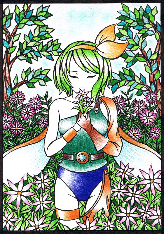 alternate_hairstyle, asymmetrical_clothes, bad_id, ballpoint_pen_(medium), closed_eyes, colored_pencil_(medium), daiyousei, dragon_quest, dragon_quest_iv, eyes_closed, flower_field, green_hair, hair_ribbon, heroine_(dq4)_(cosplay), mismatched_legwear, ribbon, smelling_flower, solo, tosihakikumanori, touhou, traditional_media, tree, wings