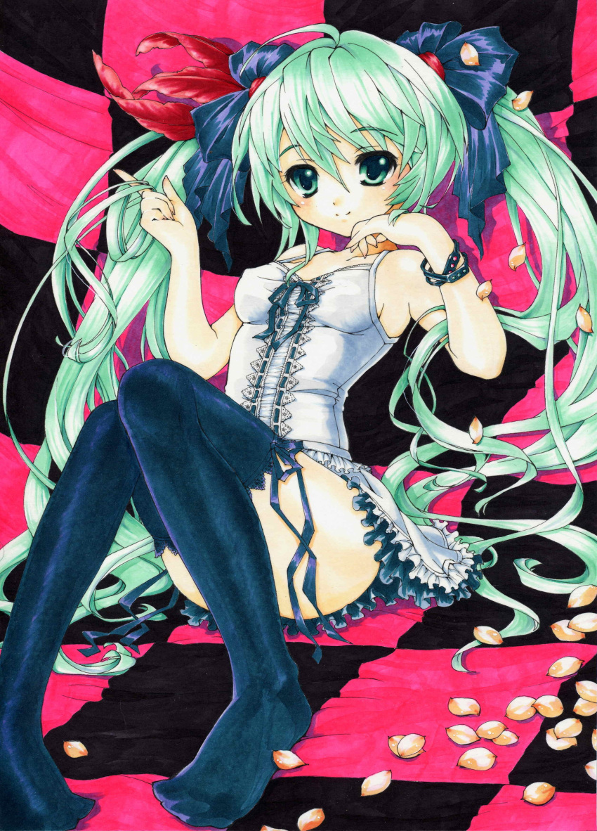 absurdres, asahina_kirin, bracelet, checkered, checkered_background, dress, green_eyes, green_hair