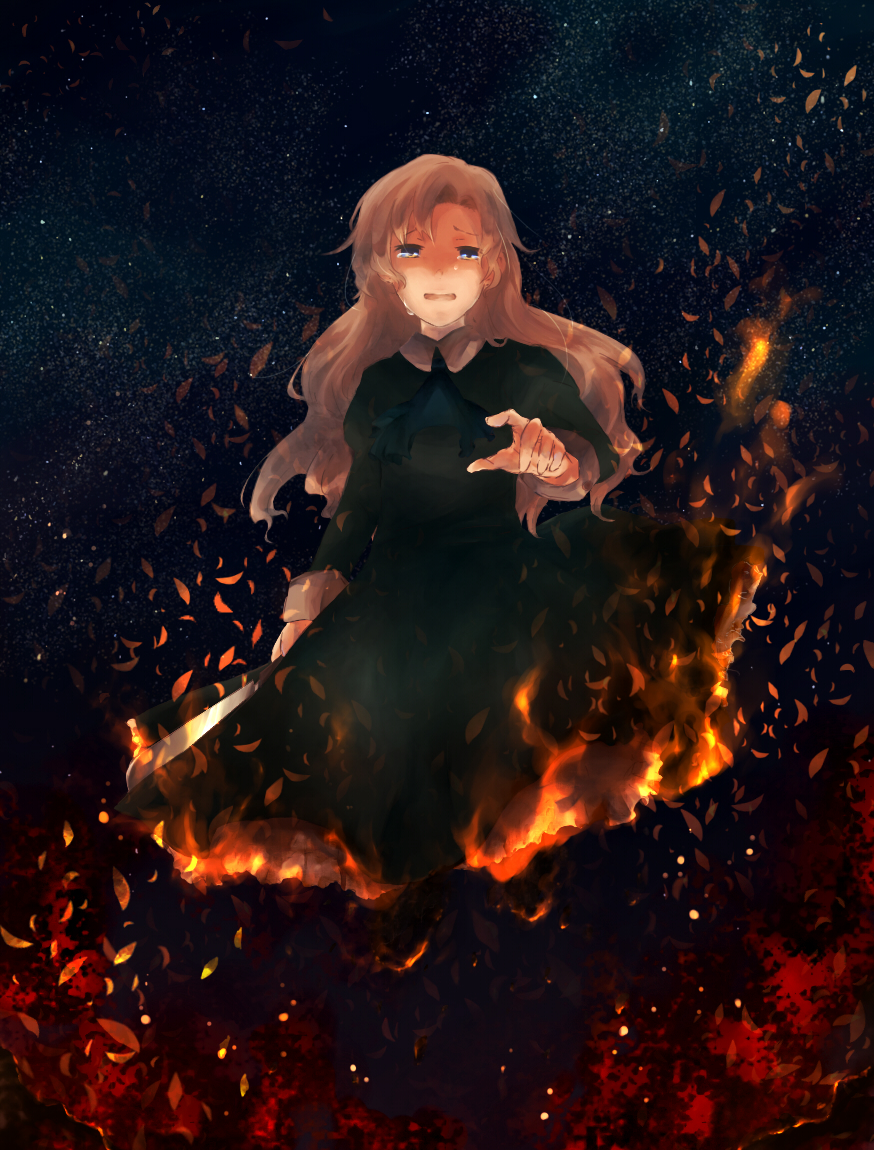 blonde_hair, blue_eyes, dress, embers, fire, ib, knife, long_hair