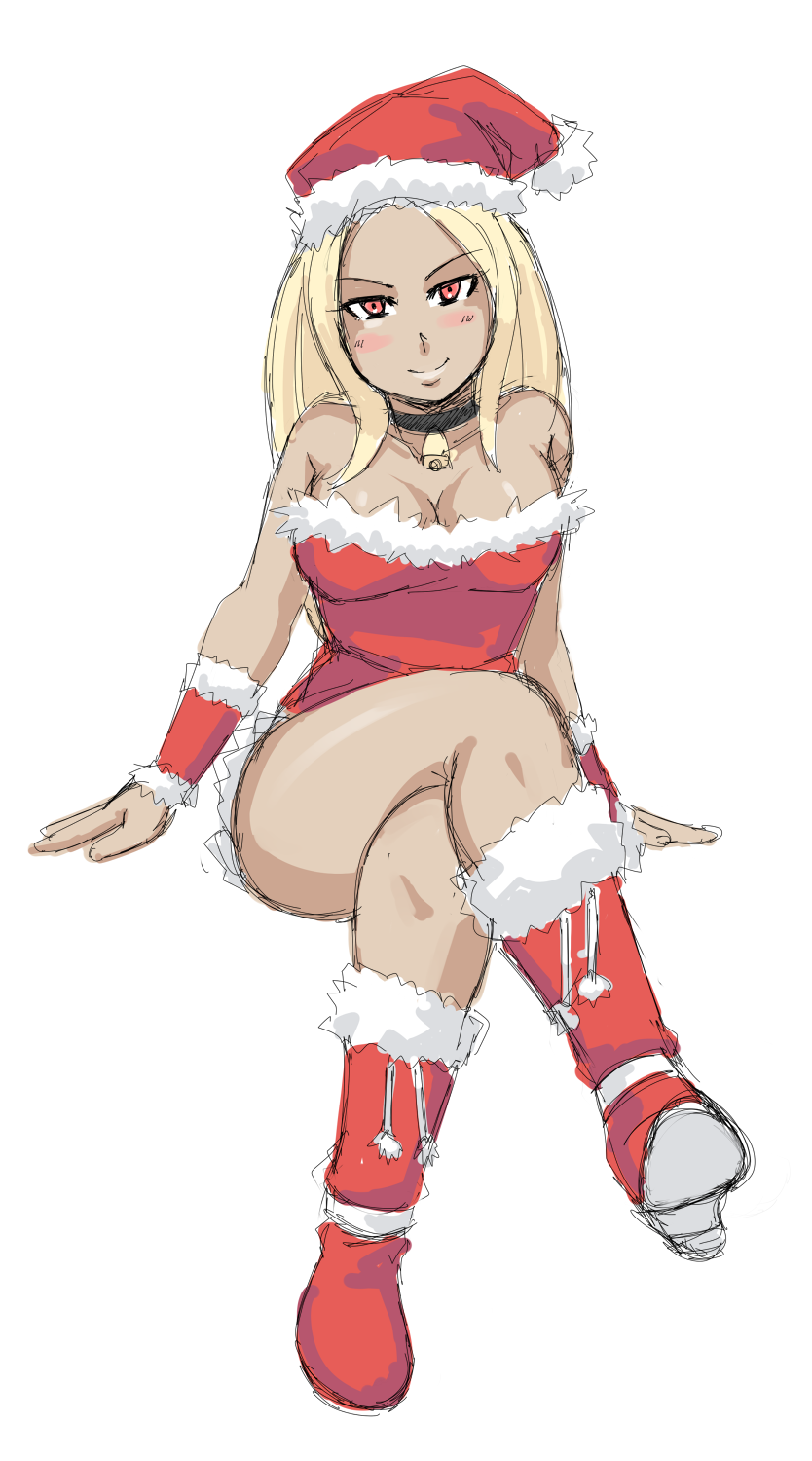 bell, bell_collar, blonde_hair, blush_stickers, boots, breasts, christmas, cleavage, collar, crossed_legs, dark_skin, gravity_daze, hat, highres, kekekeke, kitten_(gravity_daze), legs_crossed, long_hair, red_eyes, santa_costume, santa_hat, sitting