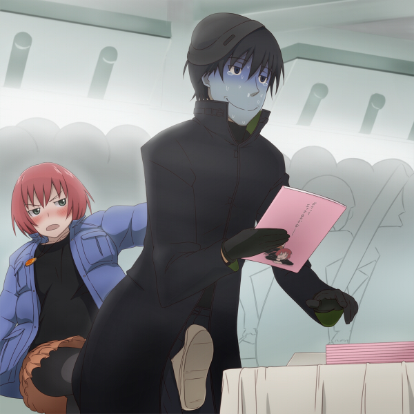 blush, coat, comiket, darker_than_black, groin_kick, hei, kanna_asuke, kicking
