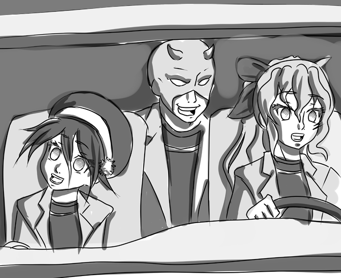 avatar:_the_last_airbender, blind, bow, collar, daredevil, driving, formal, hat, horns, katawa_shoujo, left-hand_drive, lowres, marvel, mask, meme, monochrome, open_mouth, parody, satou_lilly, saturday_night_live, suit, toph_bei_fong, tsubasafullmoon, what_is_love