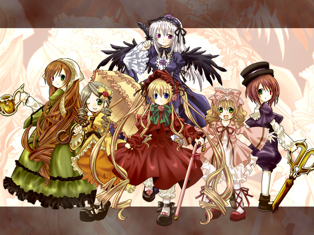 blue_eyes, bow, brown_hair, cane, dress, drill_hair, frills, green_eyes, green_hair, hairband, hat, heterochromia, hina_ichigo, kanaria, kuro_(pixiv213382), long_hair, purple_eyes, rozen_maiden, scissors, shinku, silver_hair, souseiseki, suigintou, suiseiseki, umbrella, very_long_hair, watering_can, wings