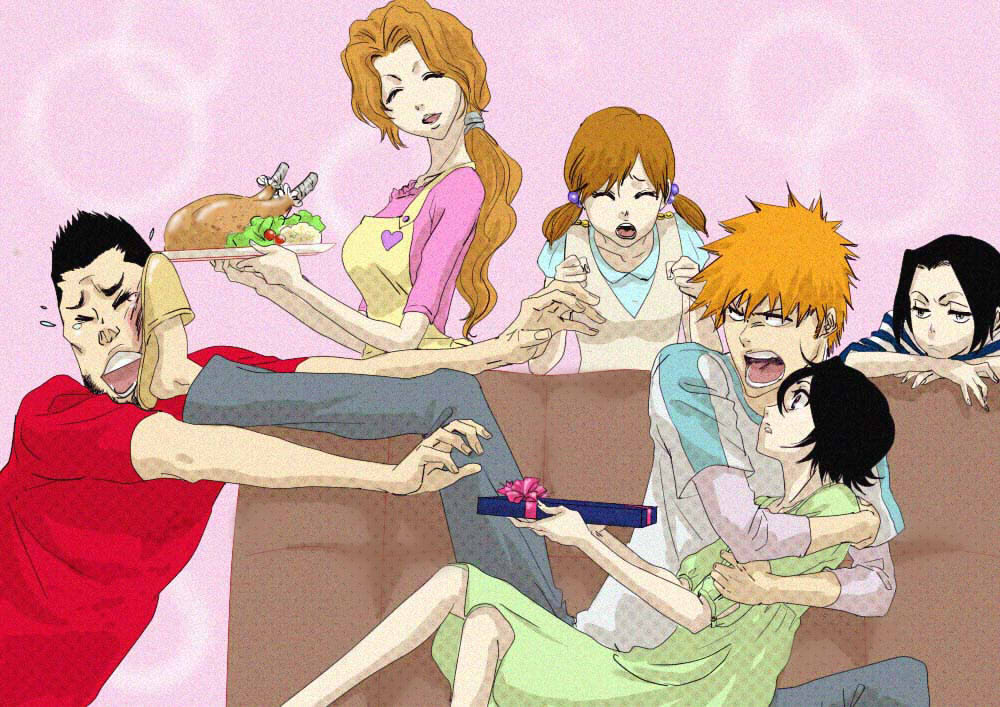 2boys, 4girls, age_difference, black_hair, bleach, blush, breasts, brother_and_sister, facial_hair, family, father_and_daughter, father_and_son, hair_between_eyes, hug, kuchiki_rukia, kurosaki_ichigo, kurosaki_isshin, kurosaki_karin, kurosaki_masaki, kurosaki_yuzu, long_hair, male, mother_and_daughter, mother_and_son, multiple_boys, multiple_girls, necomata-gi, orange_hair, short_hair, siblings, sisters, smile, time_paradox, twins