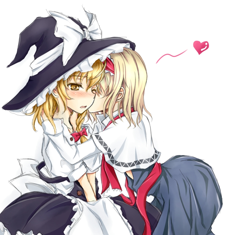 alice_margatroid, blonde_hair, blush, braid, capelet, cheek_kiss, hair_ribbon, hairband, hat, heart, kirisame_marisa, kiss, momokumo, multiple_girls, ribbon, short_hair, skirt, touhou, wink, yellow_eyes, yuri
