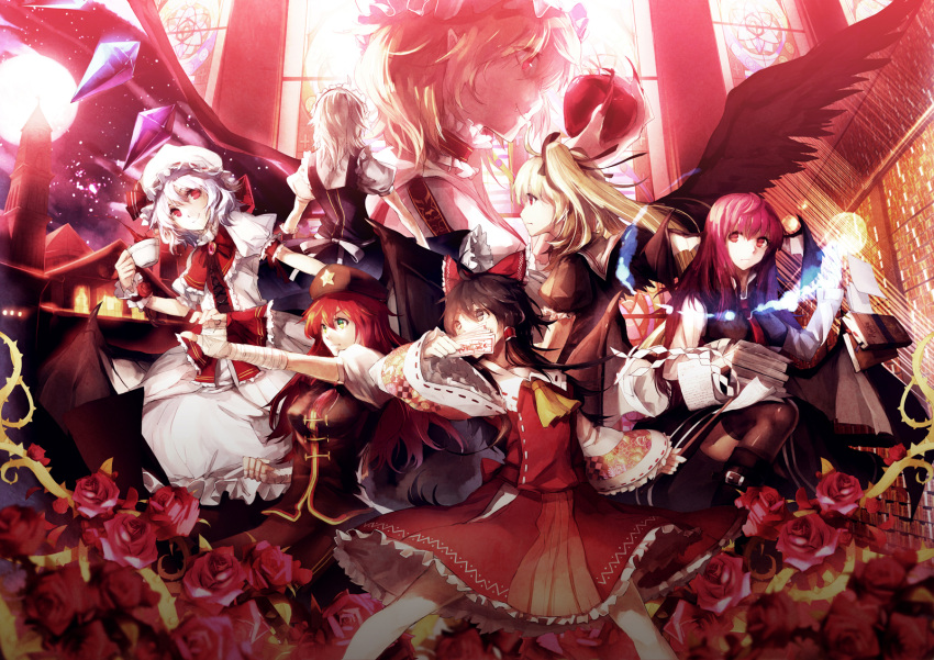 apple, ascot, bandages, bat_wings, black_hair, black_legwear, blonde_hair, book