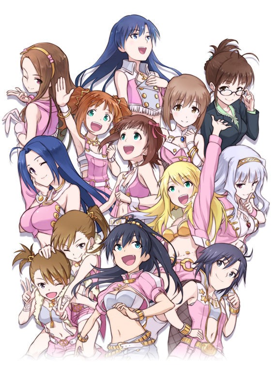 ahoge, akizuki_ritsuko, amami_haruka, aqua_eyes, arm_up, bare_shoulders, belt, black_hair, blue_eyes, bracelet, brown_eyes, brown_hair, choker, cleavage, cool_&amp;_sexy_(idolmaster), crooked_smile, everyone, fang, futami_ami, futami_mami, ganaha_hibiki, glasses, green_eyes, hagiwara_yukiho, hair_ribbon, hand_on_cheek, headband, hoshii_miki, idol, idolmaster, jacket, jewelry, kikuchi_makoto, kisaragi_chihaya, long_hair, midriff, minase_iori, miura_azusa, mofu, multiple_ahoge, multiple_girls, necklace, open_mouth, ponytail, purple_eyes, shijou_takane, short_hair, shorts, side_ponytail, silver_hair, simple_background, sleeveless, smile, stuffed_toy, suspenders, takatsuki_yayoi, twins, twintails, v, wavy_hair, white_background, wink