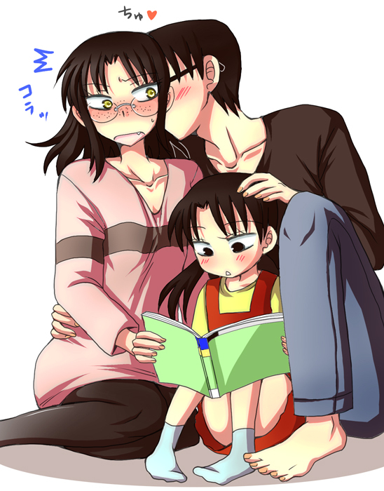 2girls, adult, age_difference, black_hair, blush, cheek_kiss, couple, family