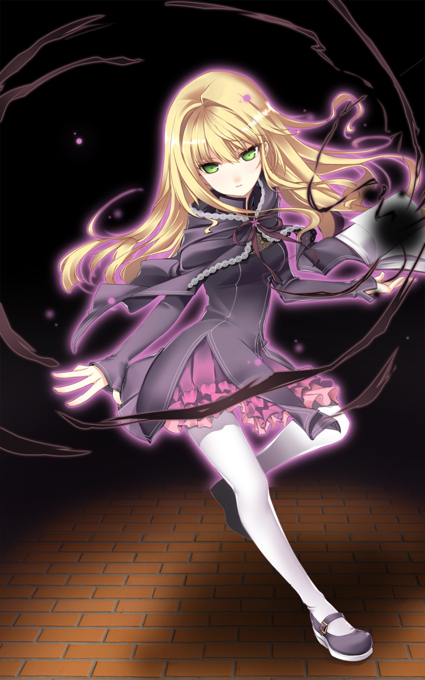 blonde_hair, book, darkness, frilled_skirt, green_eyes, highres, kuro_(kuronell), leg_up