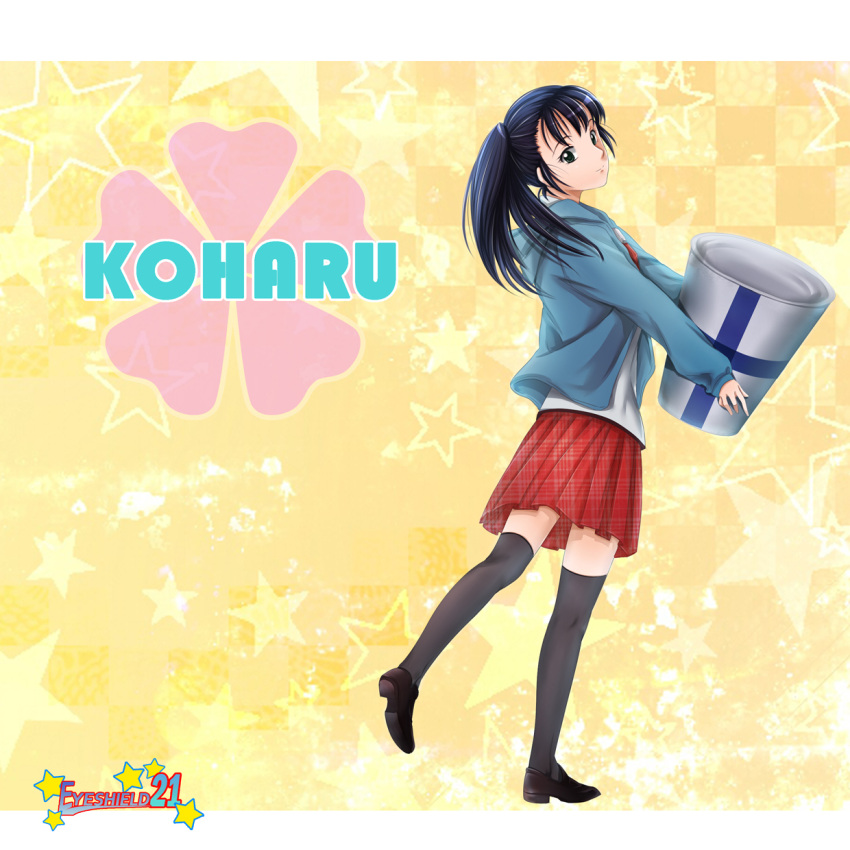 black_hair, black_legwear, character_name, eggsding, eyeshield_21, highres, pleated_skirt, ponytail