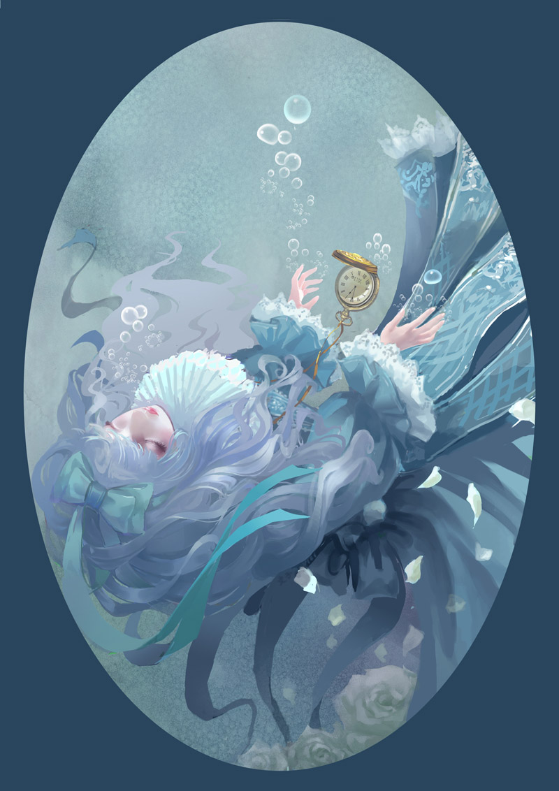 bubble, closed_eyes, eyes_closed, flower, original, pocket_watch, solo, underwater