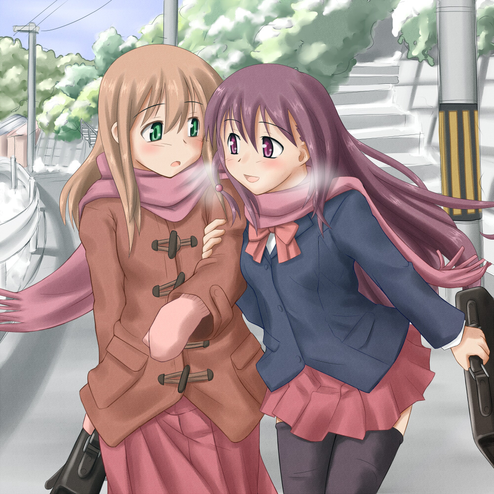 bag, blazer, blush, brown_hair, green_eyes, jacket, long_hair, matsumi_kuro
