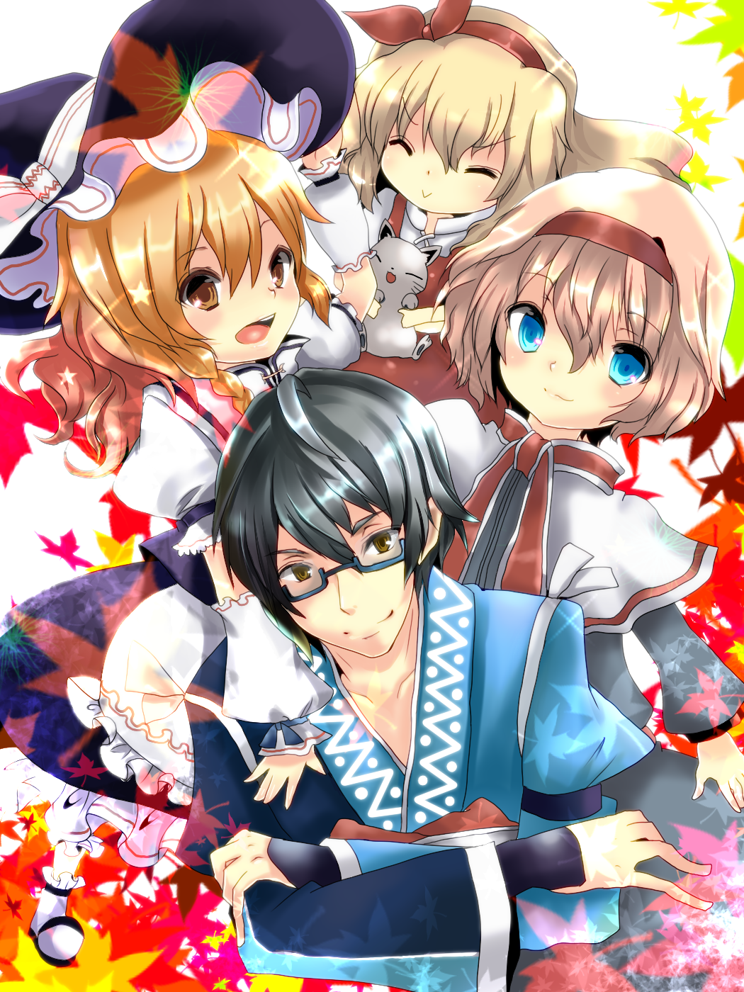 3girls, ahoge, alice_margatroid, animal, animal_ears, blonde_hair, blue_eyes, blush, bow, braid, brown_eyes, capelet, cat, cat_ears, cat_tail, closed_eyes, collarbone, ellen, frills, glasses, grey_hair, hat, hat_bow, highres, kirisame_marisa, kurekore, leaf, long_hair, long_sleeves, maple_leaf, morichika_rinnosuke, multiple_girls, open_mouth, short_hair, single_braid, smile, sokrates_(touhou), tail, touhou, touhou_(pc-98), whiskers, witch_hat