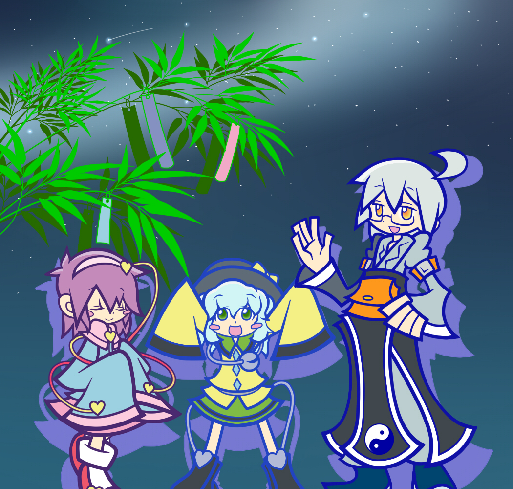 2girls, adenine_(artist), ahoge, aqau_hair, aqua_hair, bamboo, belt, blush_stickers