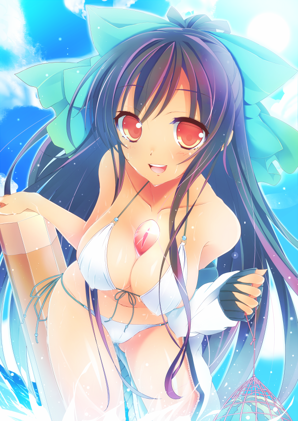 alternate_costume, bikini, black_hair, blush, bow, breasts, dark_skin, food