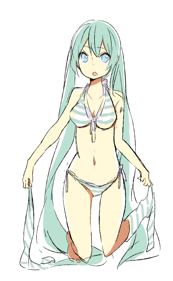 aqua_eyes, aqua_hair, bikini, blue_eyes, breasts, cleavage, hatsune_miku, kneeling