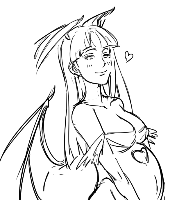 bare_shoulders, bat_wings, bb_(baalbuddy), blush, breasts, capcom, cleavage, demon_girl, elbow_gloves, gloves, head_wings, heart, large_breasts, lineart, long_hair, monochrome, morrigan_aensland, pregnant, smile, solo, succubus, vampire_(game), wings