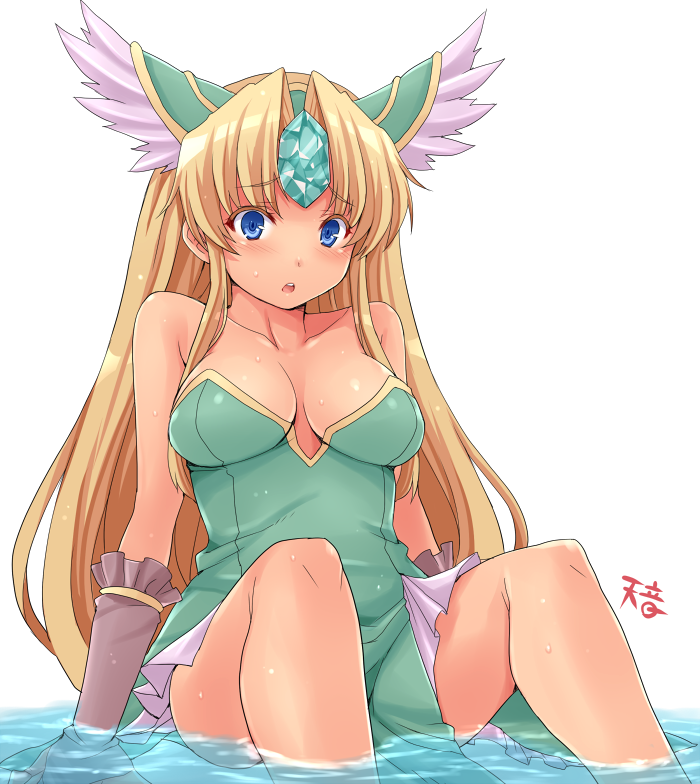 blonde_hair, blue_eyes, blush, breasts, cleavage, elbow_gloves, gloves, hasu_(hk_works)
