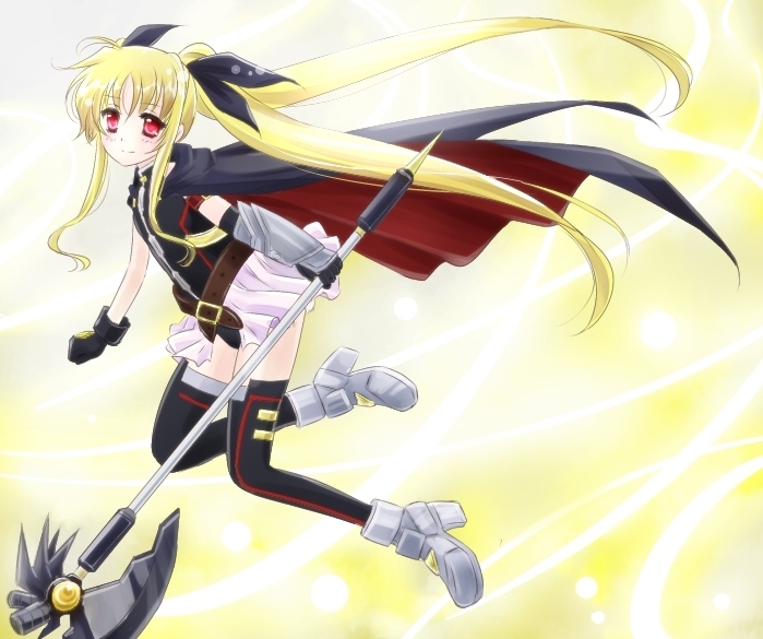 bardiche, belt, blonde_hair, cape, fate_testarossa, hachikei, hair_ribbon, lyrical_nanoha