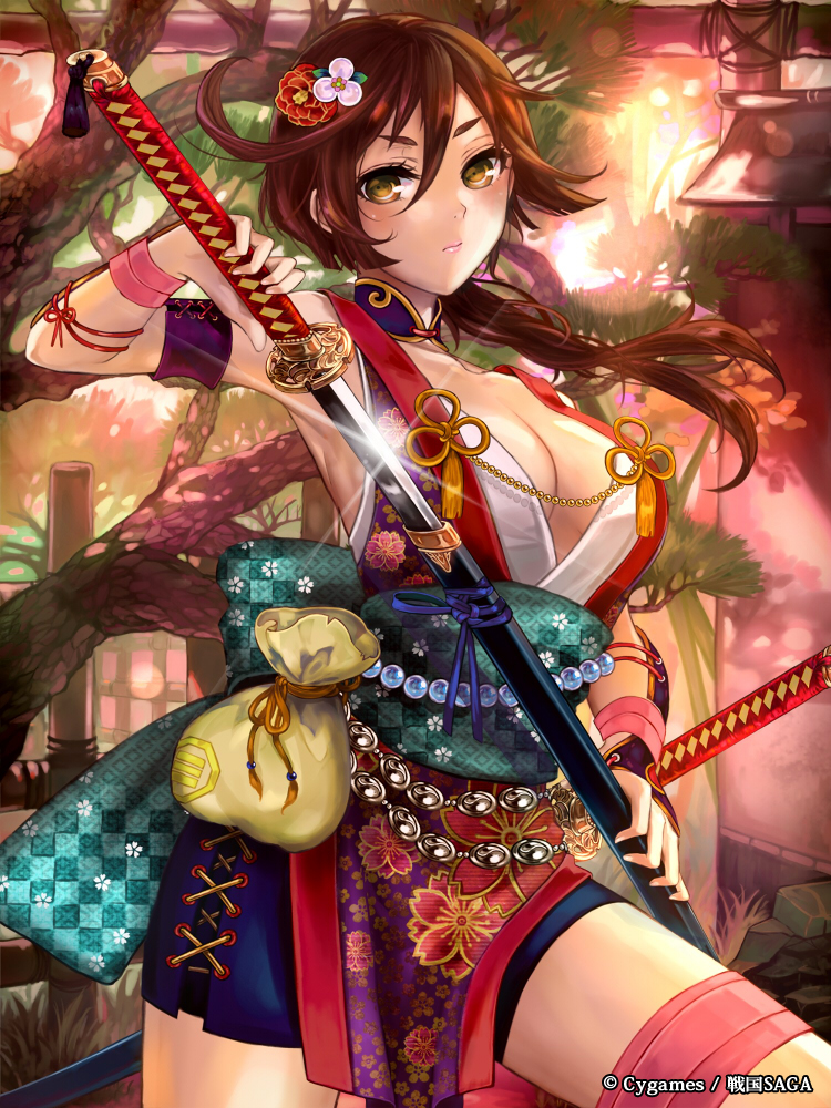 arm_guards, armband, bad_id, bandage, bandages, breasts, brown_eyes, brown_hair