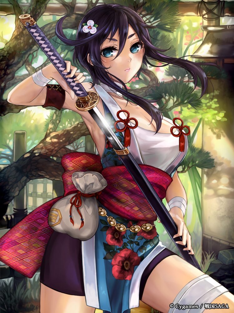 armband, bad_id, bandage, bandages, bike_shorts, black_hair, blue_eyes, breasts