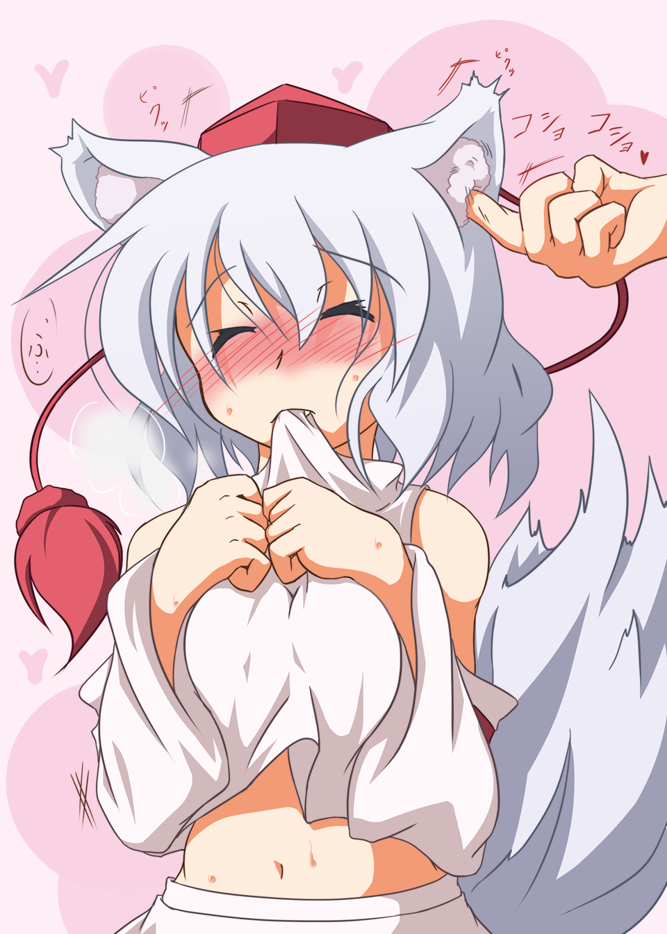 animal_ears, blush, breast_squeeze, breasts, closed_eyes, eargasm, eyes_closed, fang
