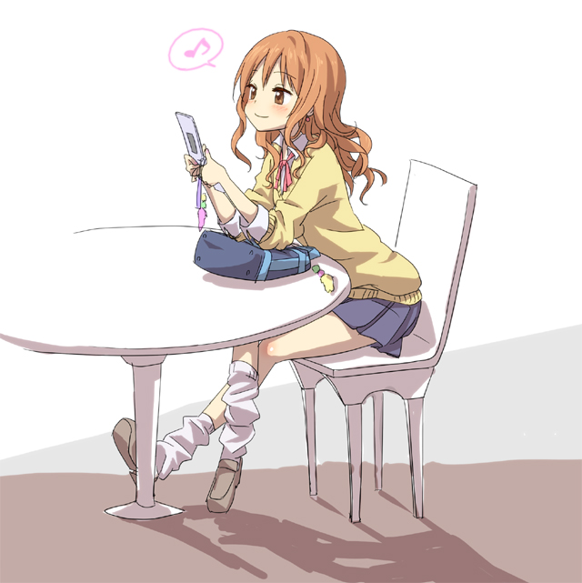 bag, blush, brown_eyes, brown_hair, cellphone, crossed_legs, kitakami_himeno, leaning, leaning_forward, legs_crossed, long_hair, loose_socks, mara_(artist), mara_(ryonaing), musical_note, original, phone, school_uniform, shoes, simple_background, sitting, skirt, sleeves_folded_up, sleeves_pushed_up, smile, socks, solo, sweater, wavy_hair