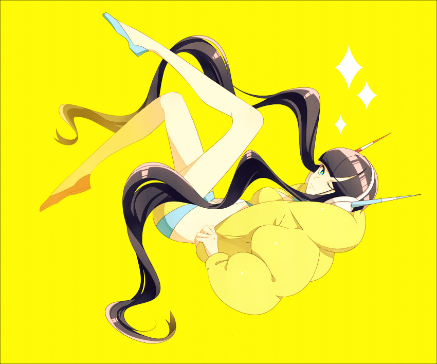 bare_legs, black_hair, fur_coat, headphones, highres, kamitsure_(pokemon), legs_up, long_hair