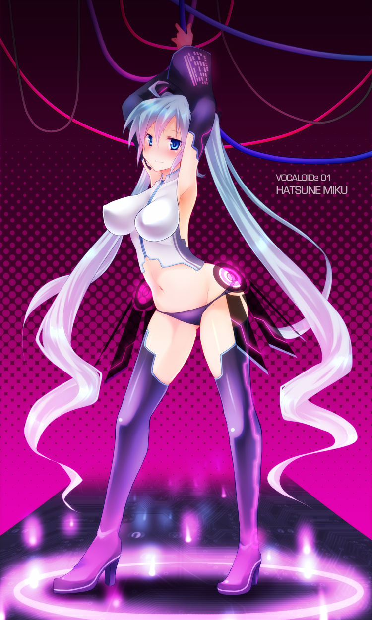 aqua_eyes, aqua_hair, armpits, arms_up, blush, boots, breasts, character_name