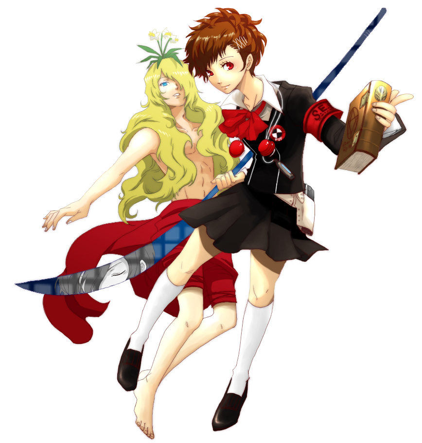armband, blonde_hair, blue_eyes, book, bow, brown_hair, digital_media_player, evoker, female_protagonist_(persona_3), flower, gun, hair_ornament, headphones, narcissus_(megami_tensei), narcissus_(persona), persona, persona_3, persona_3_portable, red_eyes, ribbon, school_uniform, simple_background, weapon