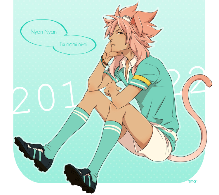animal_ears, armband, bracelet, cat_ears, cat_tail, dark_skin, goggles, inazuma_eleven, inazuma_eleven_(series), jewelry, long_hair, male, oumihara, pink_hair, romaji, soccer_uniform, solo, tail, temari114, tsunami_jousuke