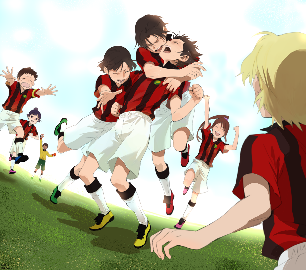 6+boys, aoto_gonzales_takuma, black_hair, brothers, brown_hair, closed_eyes, eyes_closed, furuya_kota, furuya_kouta, furuya_ouzou, furuya_ryuuji, ginga_e_kickoff!!, glomp, group_hug, hug, indesign, long_hair, multiple_boys, multiple_girls, oota_shou, ponytail, saionji_reika, saionji_reika_(ginga_e_kickoff!!), short_hair, shorts, siblings, smile, soccer, soccer_uniform, sportswear, sugiyama_tagi, takatoo_erika, takatou_erika, tears, triplets